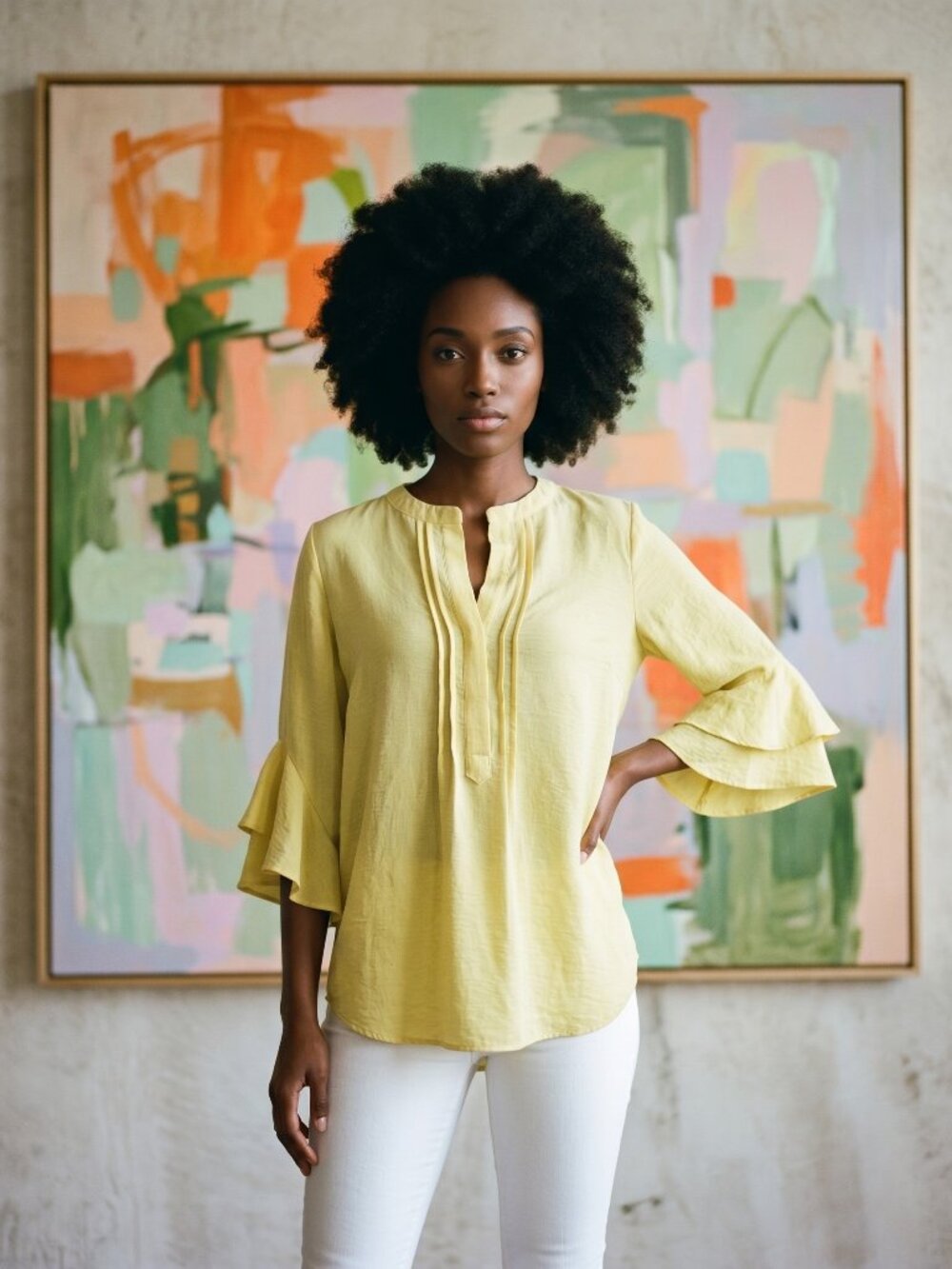 Vince Camuto golden yellow ruffle sleeve henley